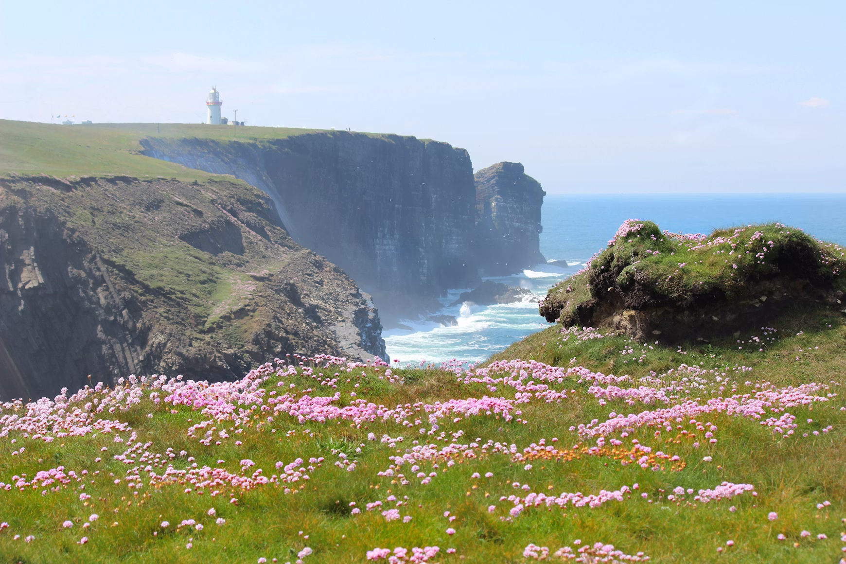 Sea cliffs and pink thrift along a cool Atlantic coastline, the kind of summer alternative to peak-season heat.