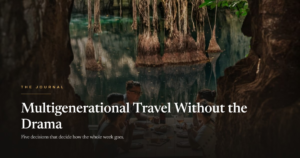A family group at a long table in a lantern-lit cavern, with the headline Multigenerational Travel Without the Drama