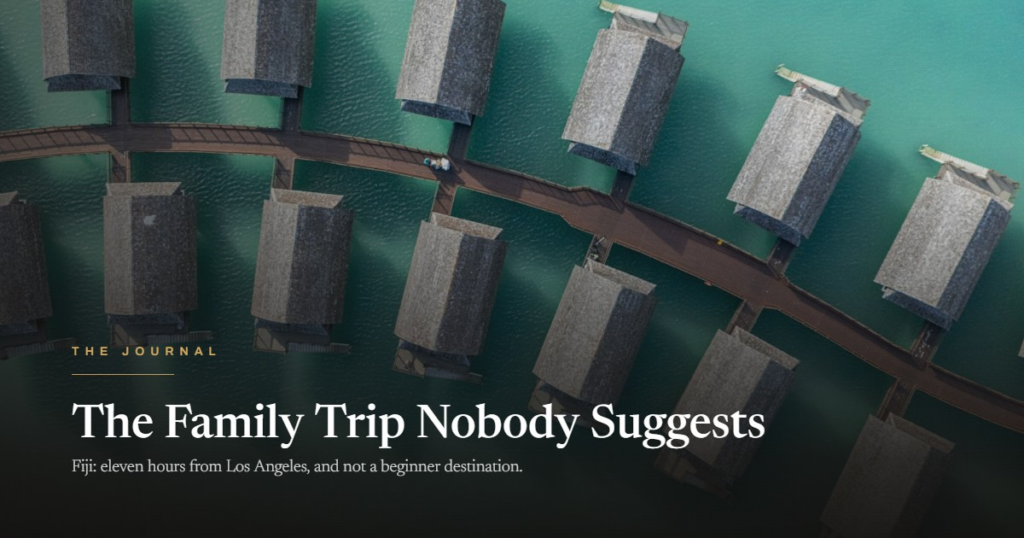 An aerial view of overwater bungalows on turquoise water, with the headline The Family Trip Nobody Suggests